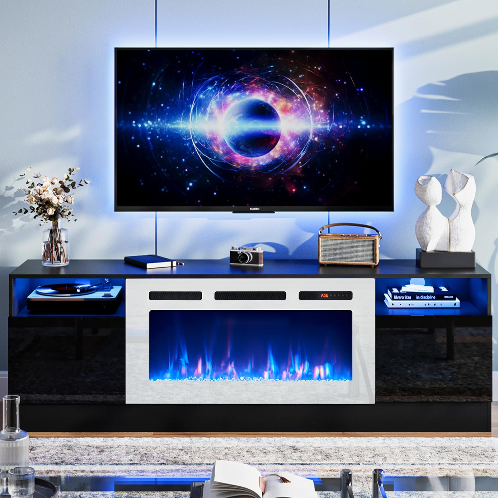 oneinmil Fireplace TV Stand with 36" Electric Fireplace, LED Light Entertainment Center, Modern Wood Texture Entertainment Stand with Highlight Storage Cabinet for TVs Up to 80", 70 inches, Black