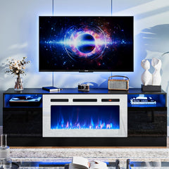 oneinmil Fireplace TV Stand with 36" Electric Fireplace, LED Light Entertainment Center, Modern Wood Texture Entertainment Stand with Highlight Storage Cabinet for TVs Up to 80", 70 inches, Black