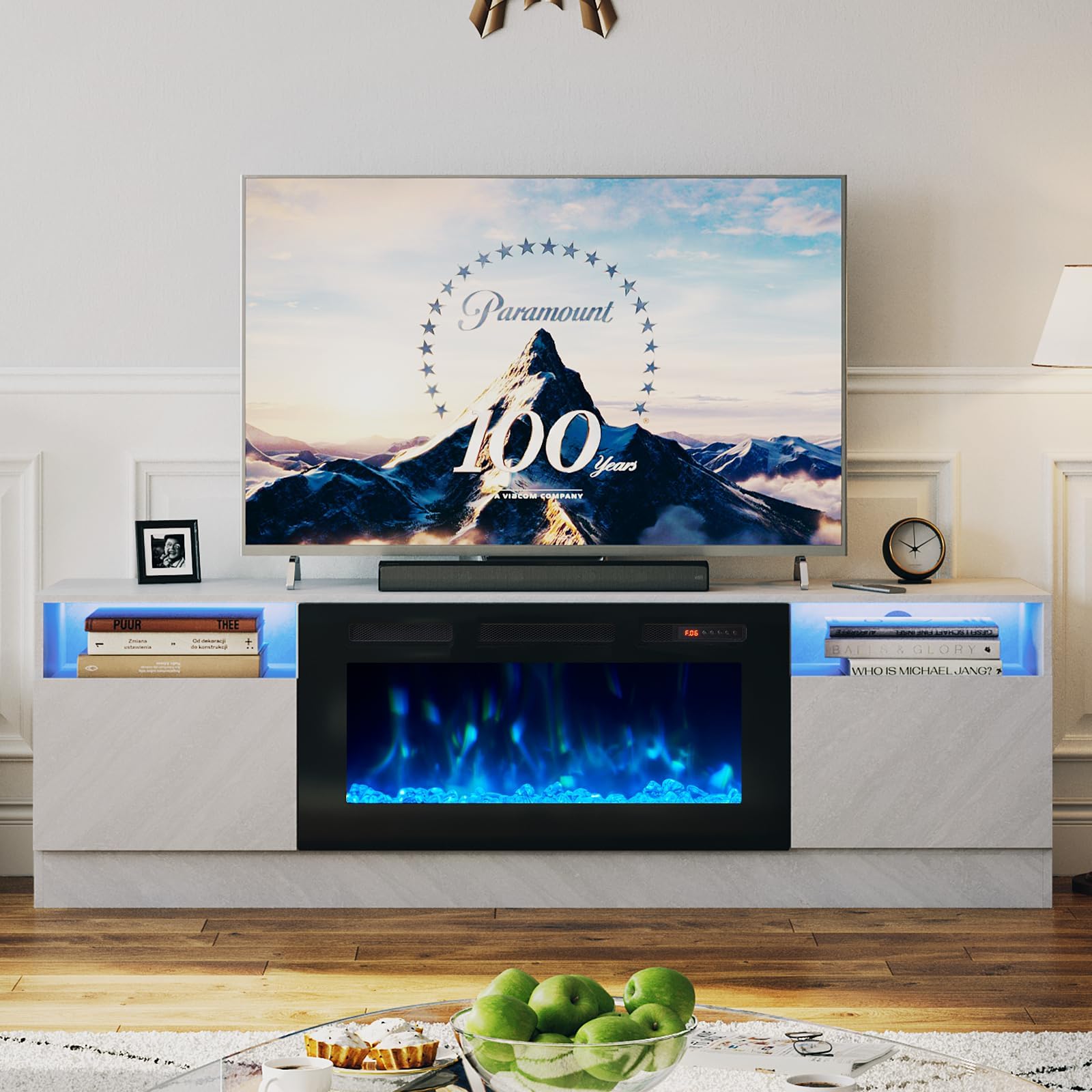 oneinmil Fireplace TV Stand with 36" Electric Fireplace, LED Light Entertainment Center, Modern Wood Texture Entertainment Stand with Highlight Storage Cabinet for TVs Up to 80", 70 inches, Black