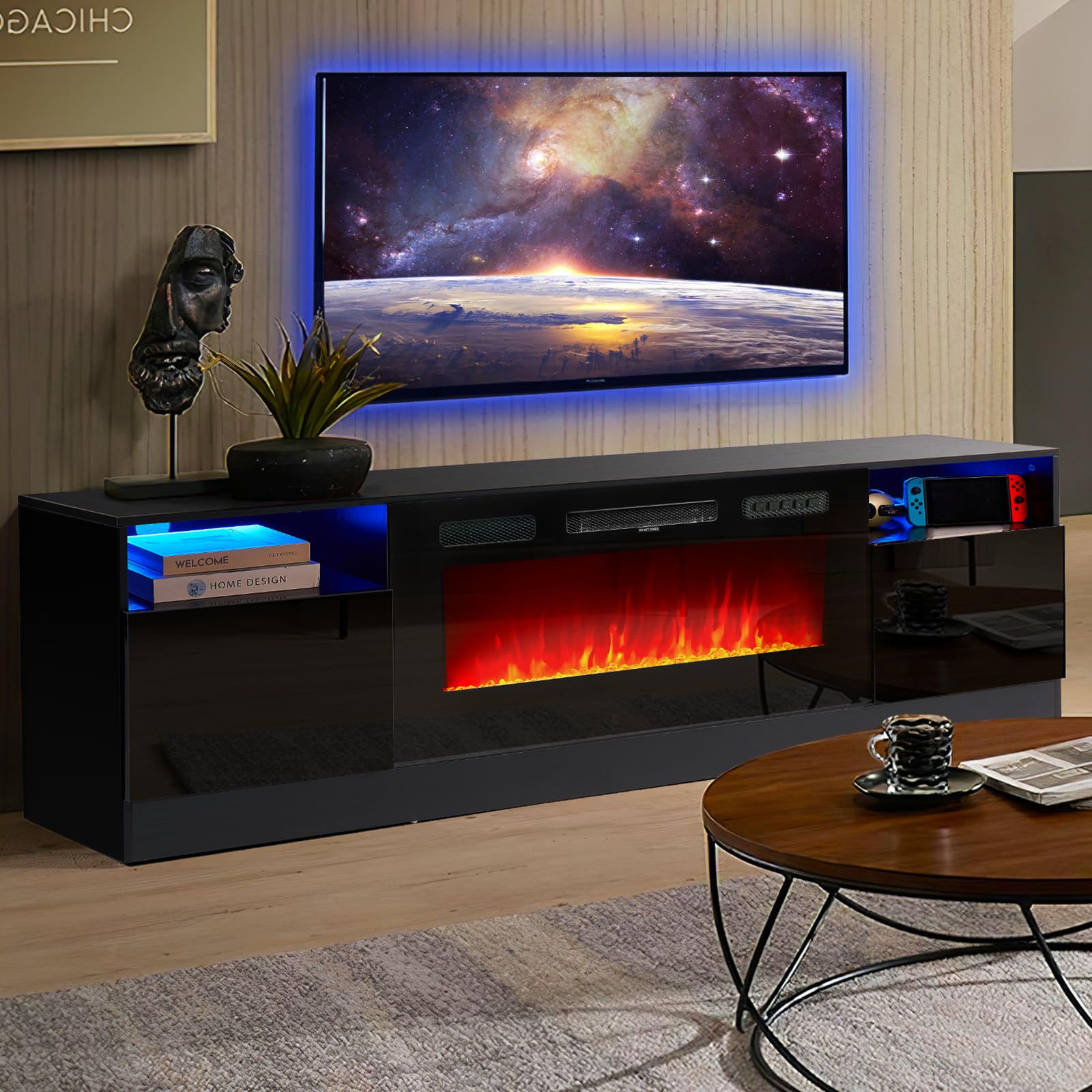 oneinmil Fireplace TV Stand with 36" Electric Fireplace, LED Light Entertainment Center, Modern Wood Texture Entertainment Stand with Highlight Storage Cabinet for TVs Up to 80", 70 inches, Black