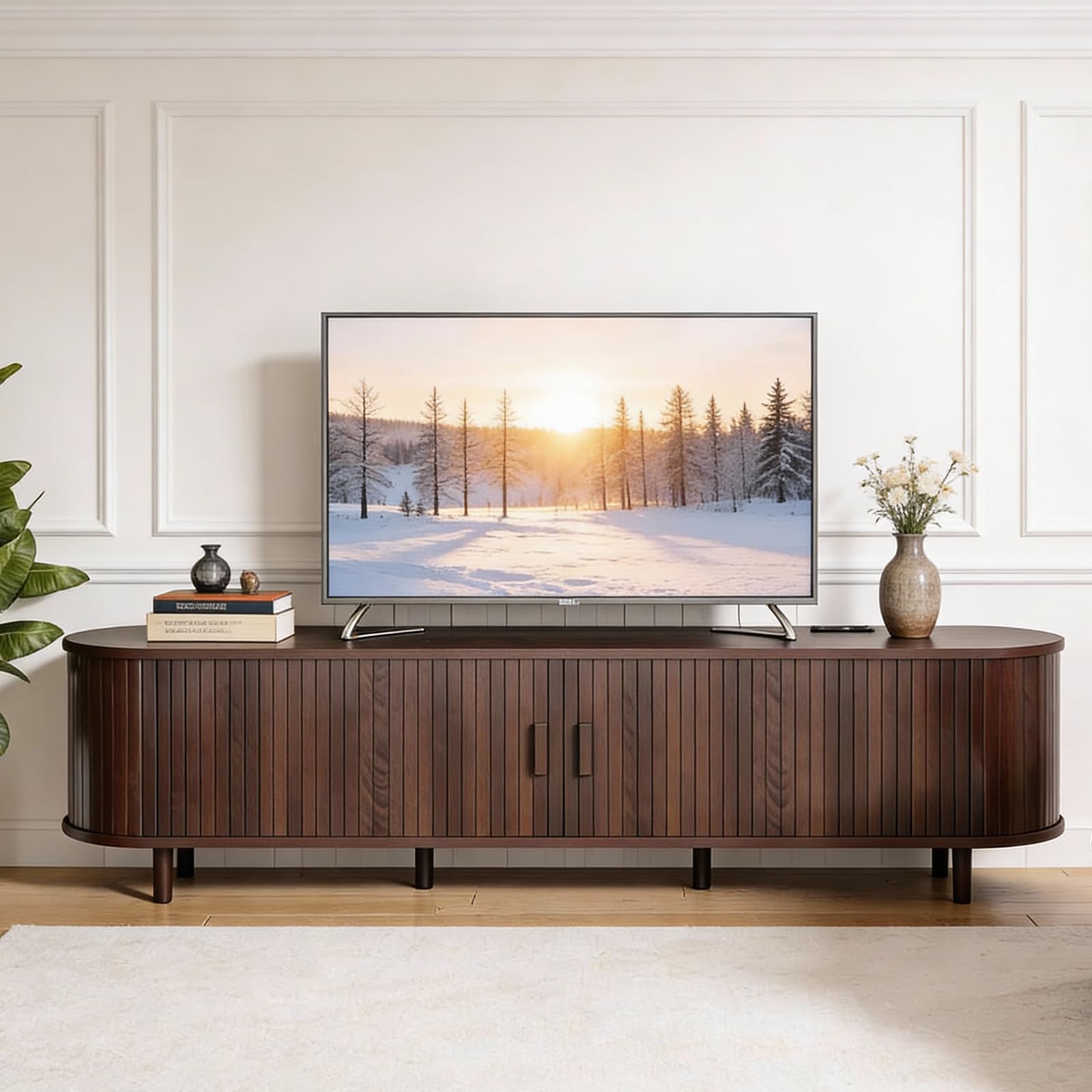 OneBlis 70" Mid Century Modern TV Stand, Wood TV Consoles with Sliding Doors and Power Outlet, Entertainment Center with Adjustable Shelves, Fluted TV Stands for Living Room, Walnut