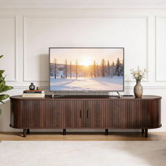 OneBlis 70" Mid Century Modern TV Stand, Wood TV Consoles with Sliding Doors and Power Outlet, Entertainment Center with Adjustable Shelves, Fluted TV Stands for Living Room, Walnut