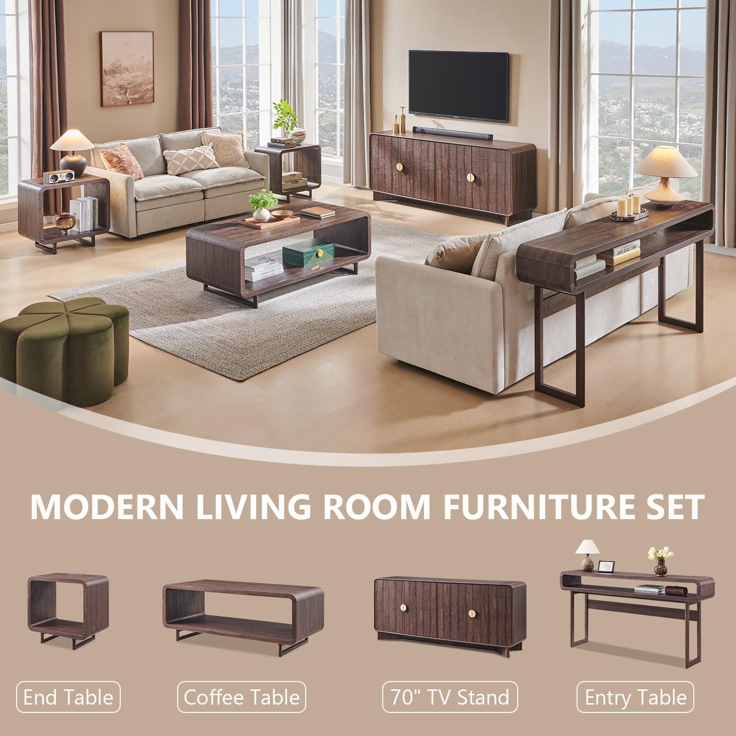 IFGET 70" Modern TV Stand with Storage, Wood Curved TV Console, Natural Oak