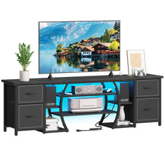 ZHNSYDN LED TV Stand for 65, 70, 80 Inch TV,71 Inch Industrial Entertainment Center with Power Outlets,Media Console Table with Open Storage Shelves & Fabric Drawers for Living Room Bedroom,Greige