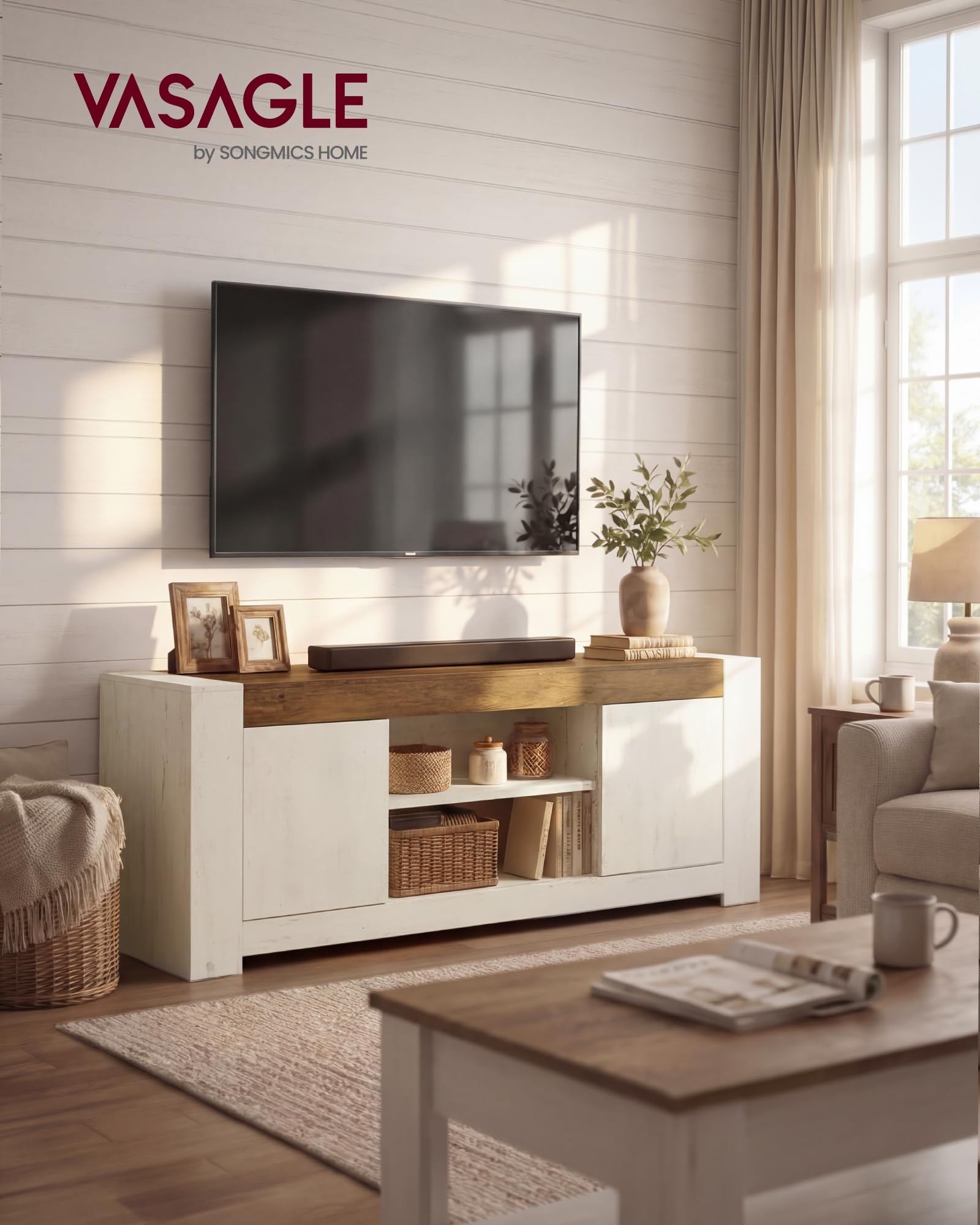 VASAGLE TV Stand, Farmhouse Entertainment Center with Storage Cabinets