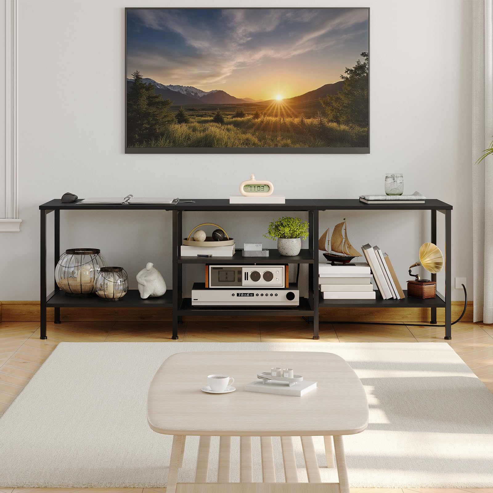 HOOBRO TV Stand with Power Outlets to 75 Inches, TV Console Table with Open Storage Shelves Cabinet, Industrial Media Entertainment Center for Living Room Bedroom, Rustic Brown and Black BF80DS01
