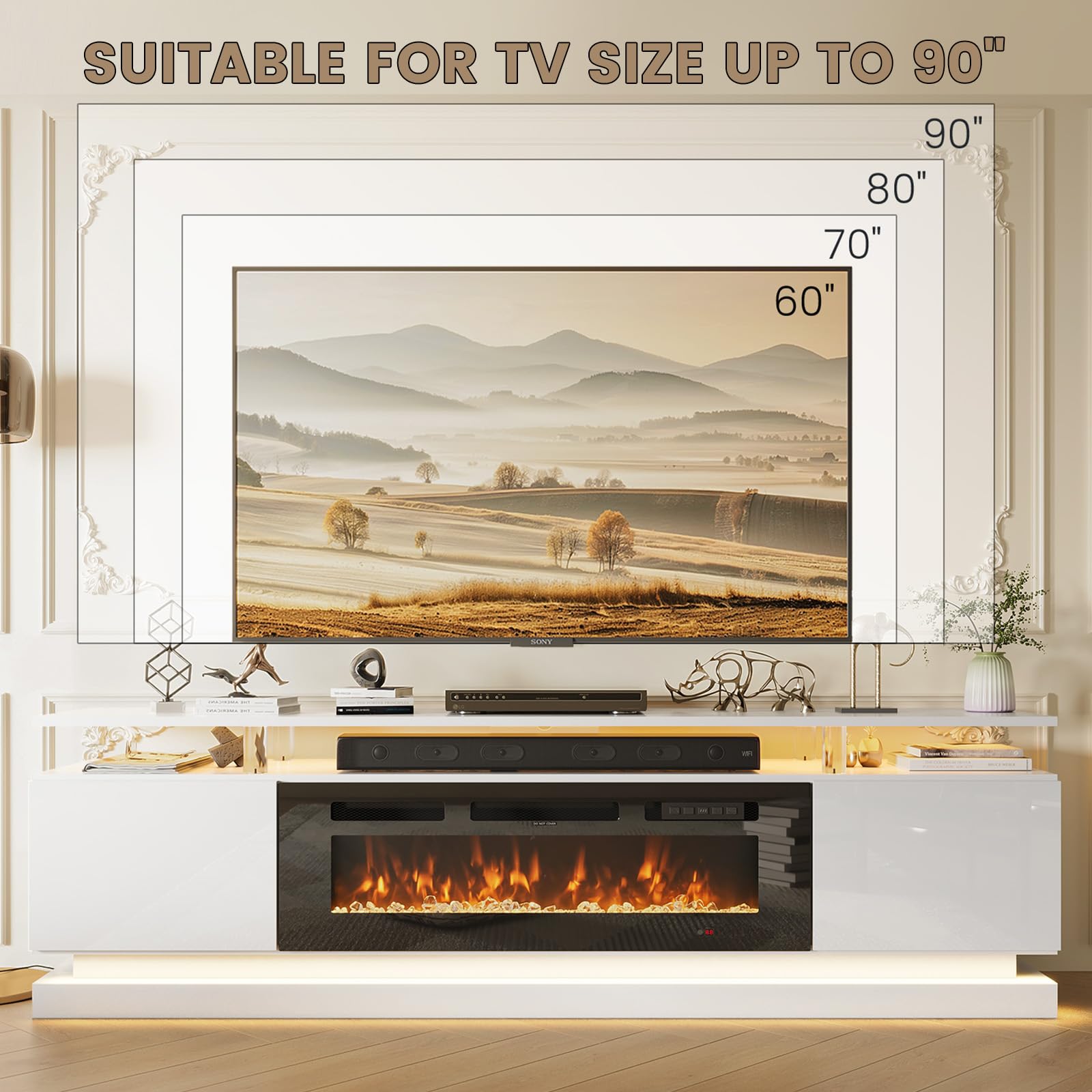 Nordivale 70" Fireplace TV Stand, Modern Entertainment Center for TVs Up to 80”, TV Console with Storage Cabinets, Media Console for Living Room, Black TV Stand and Black Fireplace