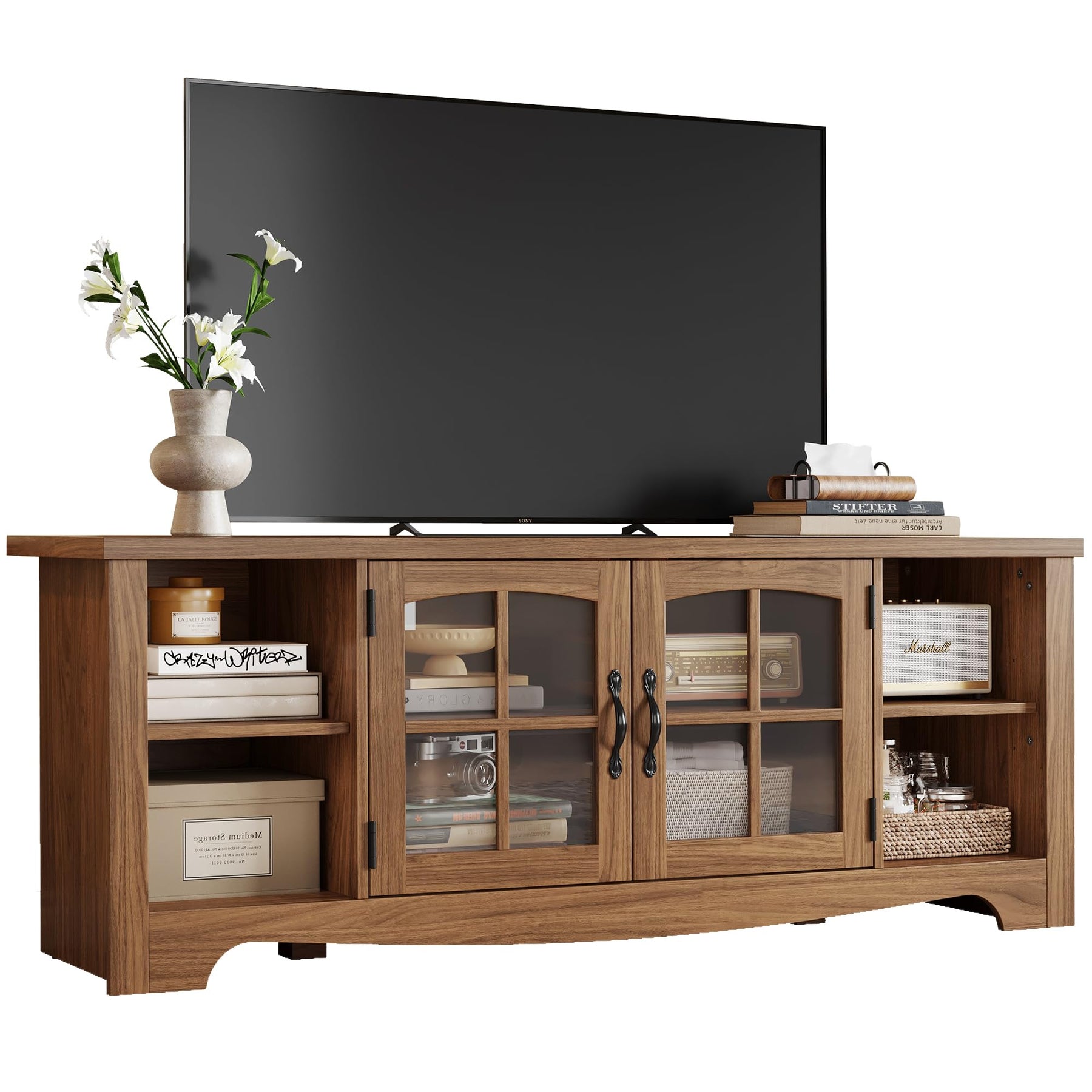 LINSY HOME Farmhouse TV Stand for 65 Inch TV, Wood Entertainment Center with Glass Door Storage Cabinet & Adjustable Shelves, Large Sturdy TV Console Table for Living Room Bedroom