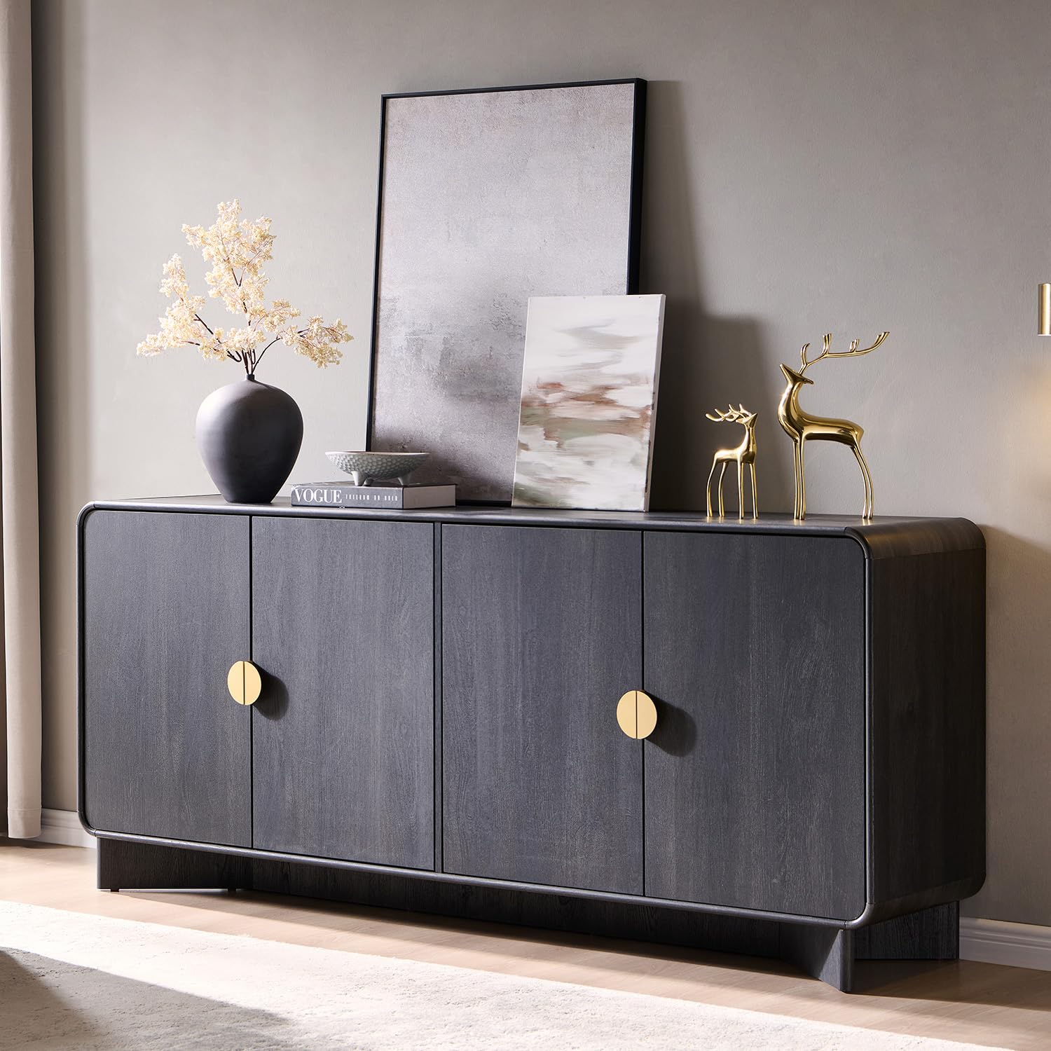 IFGET 70" Modern TV Stand with Storage, Wood Curved TV Console, Natural Oak