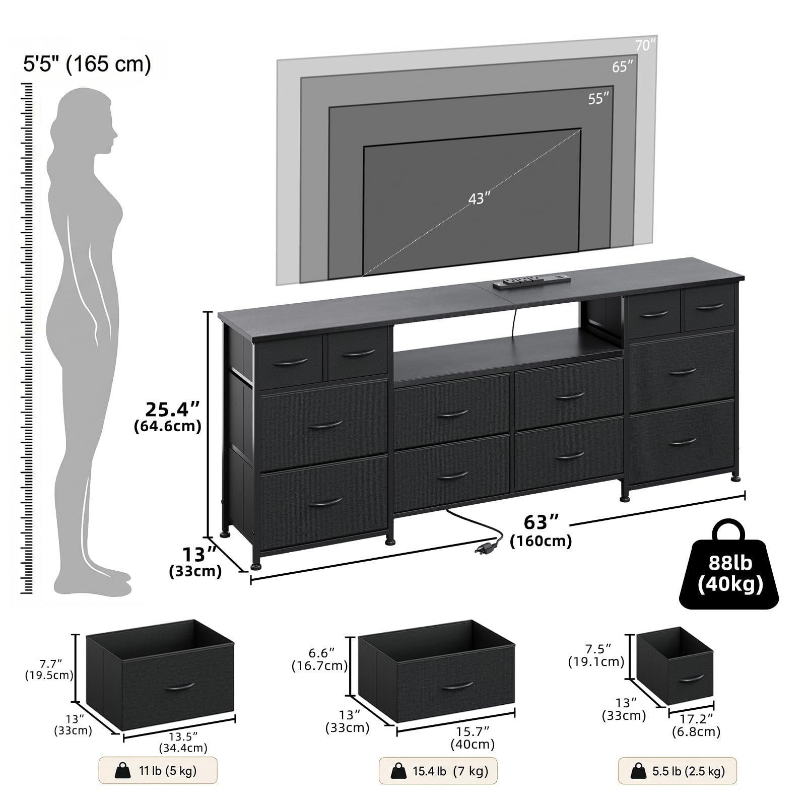 VERMESS 63 Inch 12 Drawers Long Dresser for Bedroom, Chest of Drawers, TV Stand with LED & Power Outlets, Entertainment Center with Storage Shelves, TV Unit for Living Room, for 65, 70 Inch TV, Black