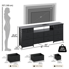 VERMESS 63 Inch 12 Drawers Long Dresser for Bedroom, Chest of Drawers, TV Stand with LED & Power Outlets, Entertainment Center with Storage Shelves, TV Unit for Living Room, for 65, 70 Inch TV, Black