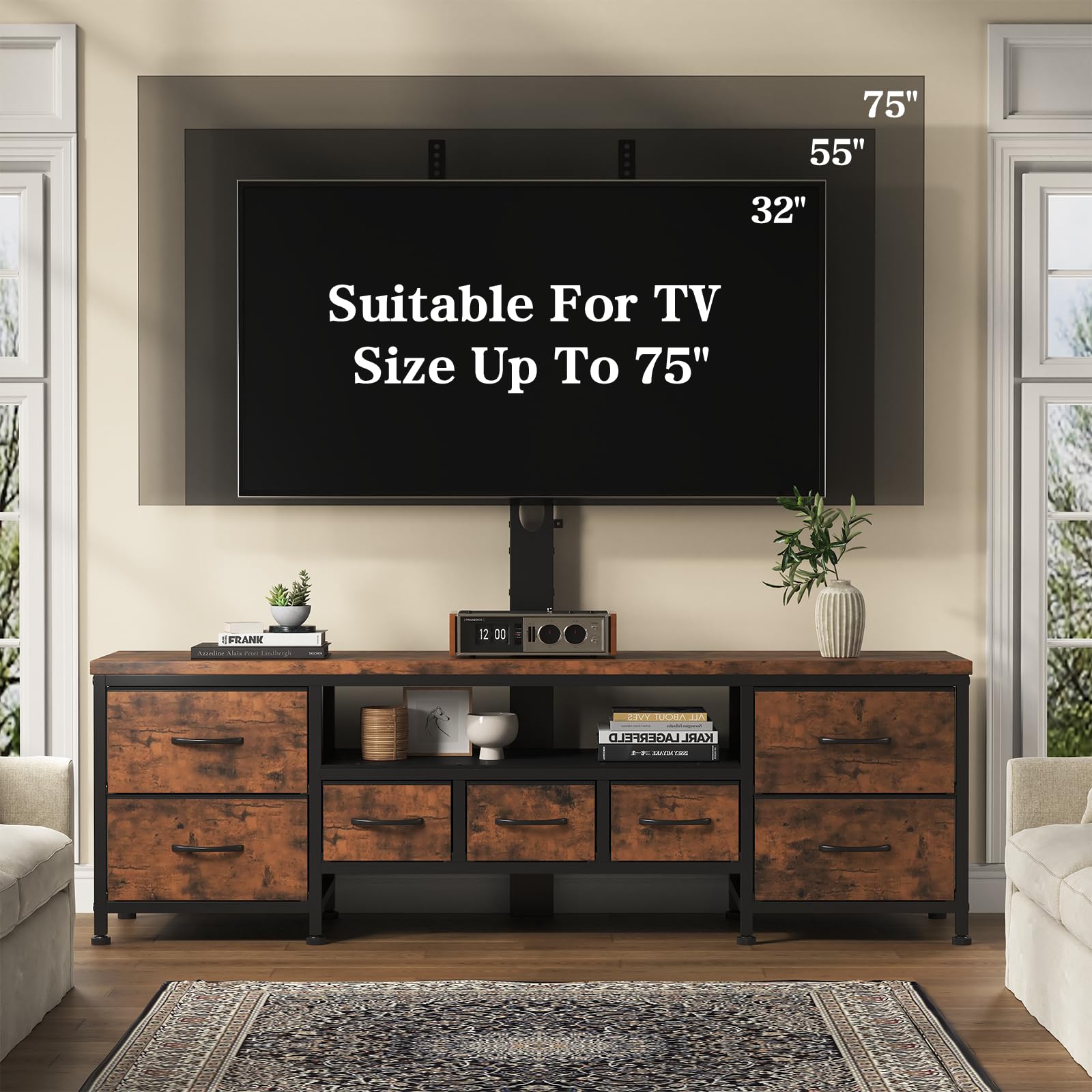 DrawXynth TV Stand with Mount for 45/55/65/75 inch TVs, 51.2" Dresser TV Stand Entertainment Center with 7 Fabric Drawers, Open Storage Shelves, Media Console for Living Room