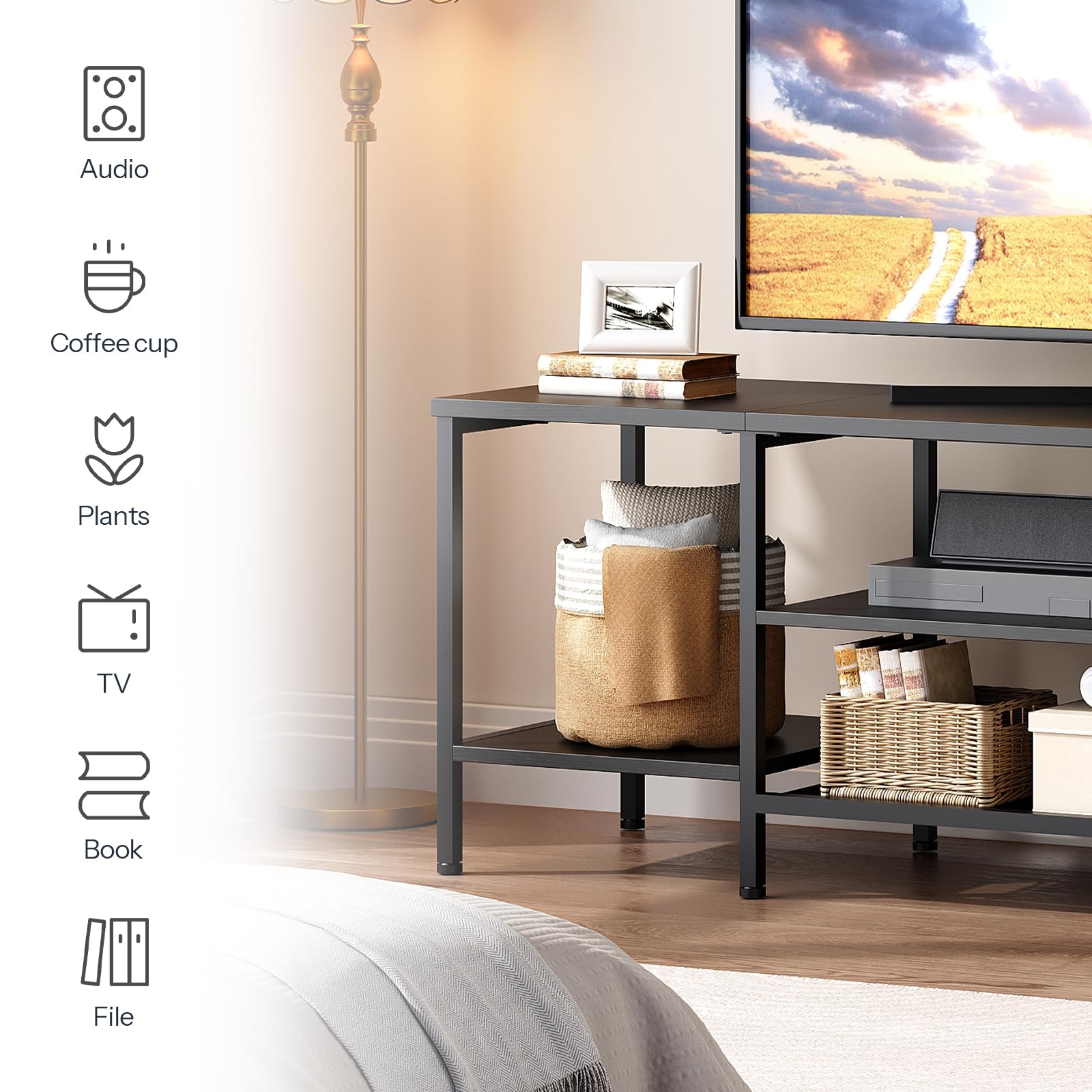 HOOBRO TV Stand with Power Outlets to 75 Inches, TV Console Table with Open Storage Shelves Cabinet, Industrial Media Entertainment Center for Living Room Bedroom, Rustic Brown and Black BF80DS01
