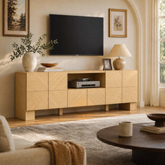 ModernMate 70" Modern TV Stand for TVs Up to 80 Inch, Wood Entertainment Center with Outlet and Storage Cabinet, Chevron Pattern TV Console with Adjustable Shelve for Living Room, Bedroom, Natural Oak