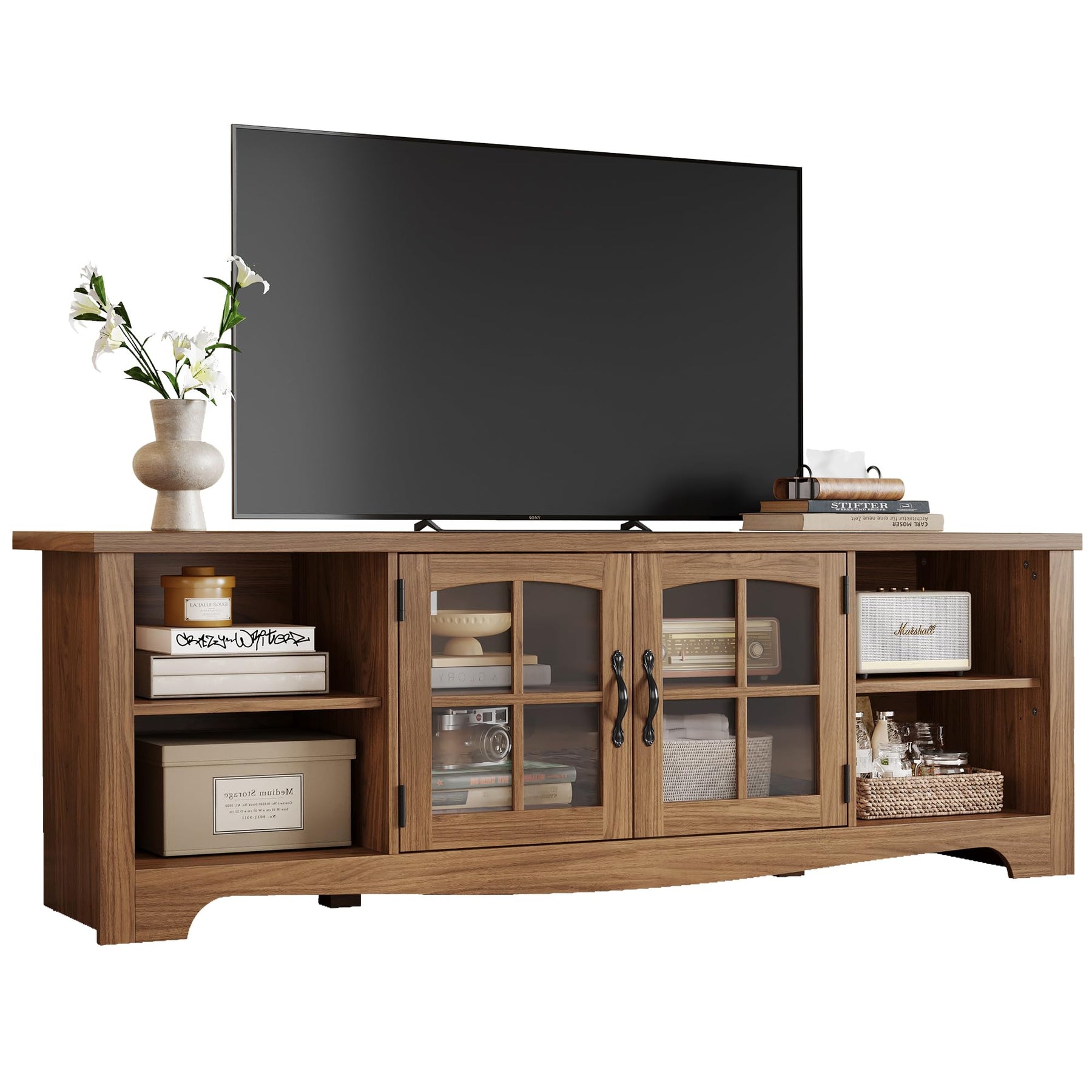 LINSY HOME Farmhouse TV Stand for 65 Inch TV, Wood Entertainment Center with Glass Door Storage Cabinet & Adjustable Shelves, Large Sturdy TV Console Table for Living Room Bedroom