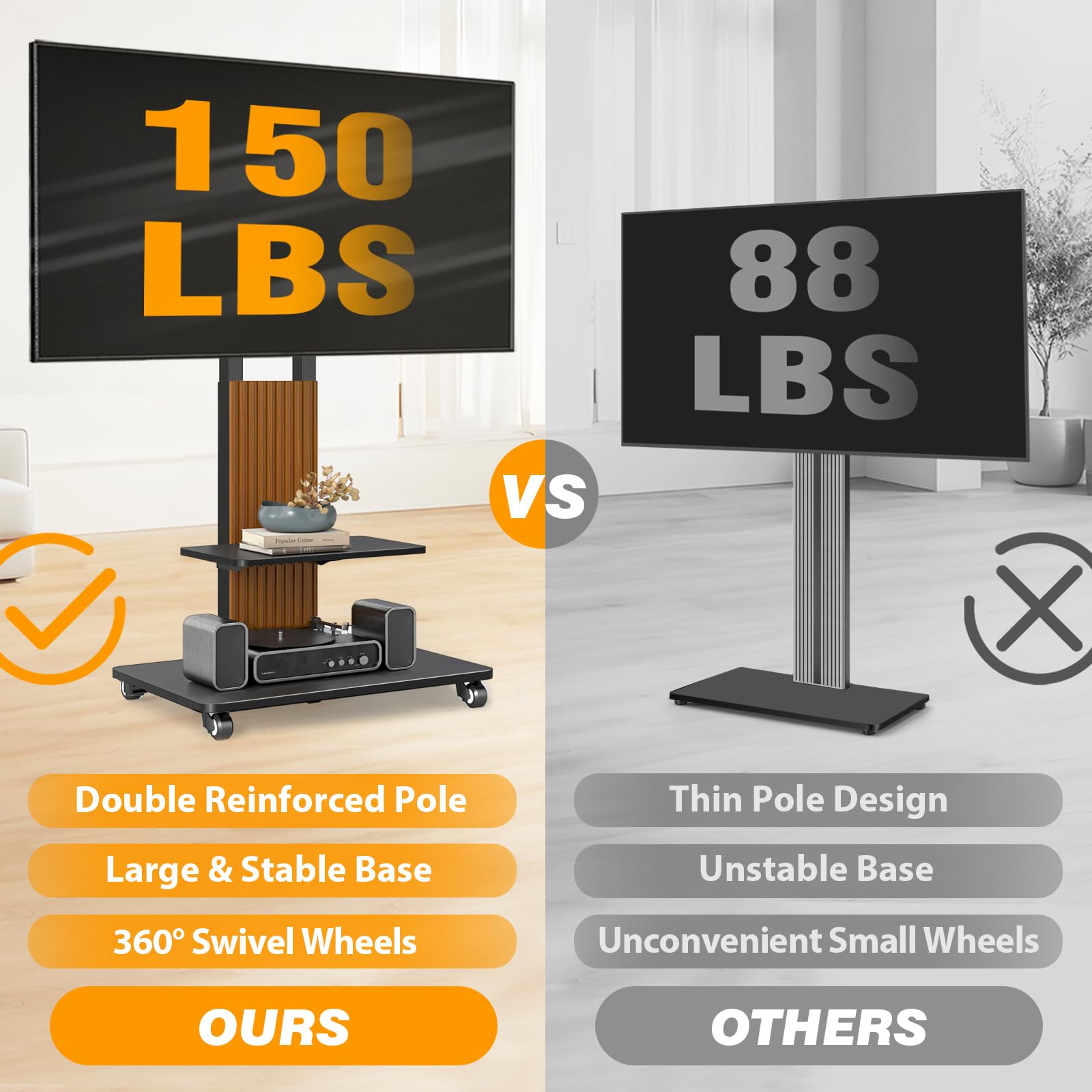 TVON Heavy Duty Rolling TV Stand for 55-100 inch Large Screens