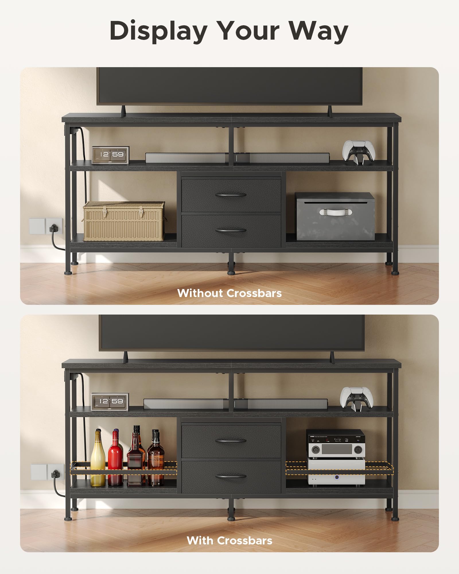 Lazzanto 63in TV Stand for 55-75in TVs, LED Lights, Charging Station, Black