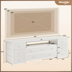 Huuger 63 Inch TV Stand for 65, 70 Inch TV, 11 Drawer Long Dresser with Power Outlets and LED Lights, Entertainment Center with Storage, Black Dresser with PU Leather Surface