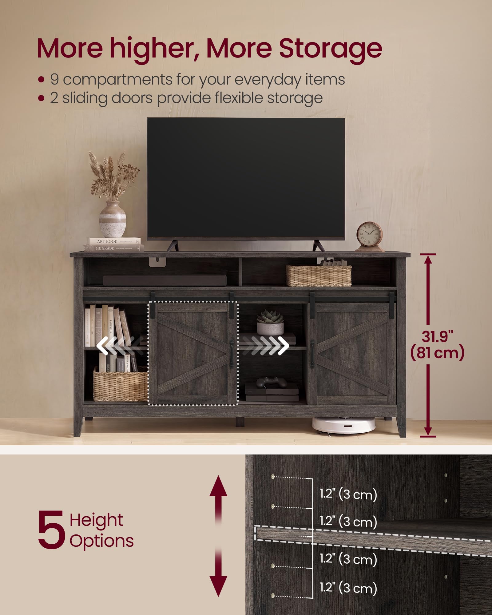 VASAGLE Tall Farmhouse TV Stand, Entertainment Center with Barn Doors, Storage Media Console Table for Living Room, 58.3 x 15.7 x 31.9 Inch, Rustic White and Honey Brown, LIRY Collection ULTV031W101S