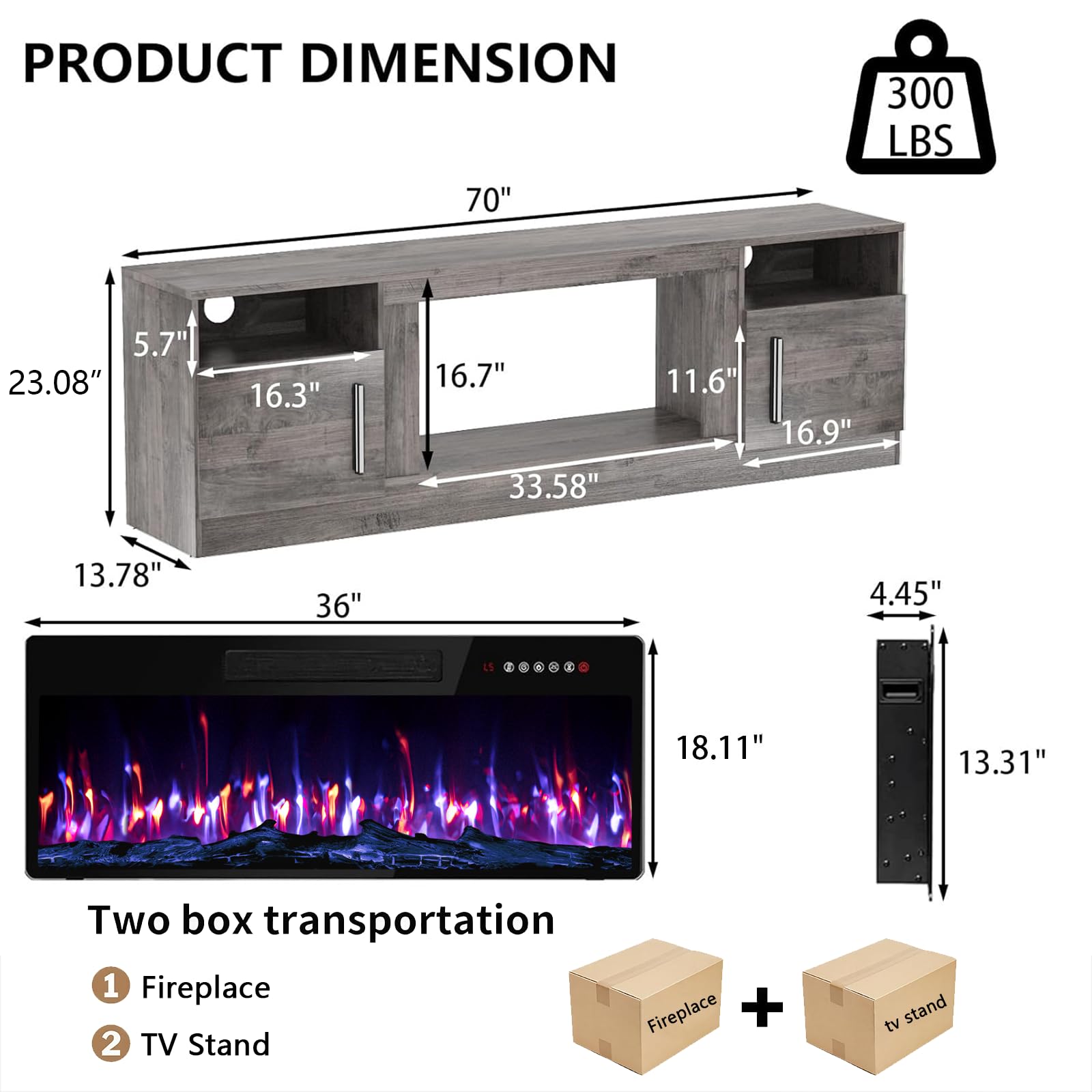 PRETZI Fireplace TV Stand with 36" Fireplace Up to 80" TVs for Living Room