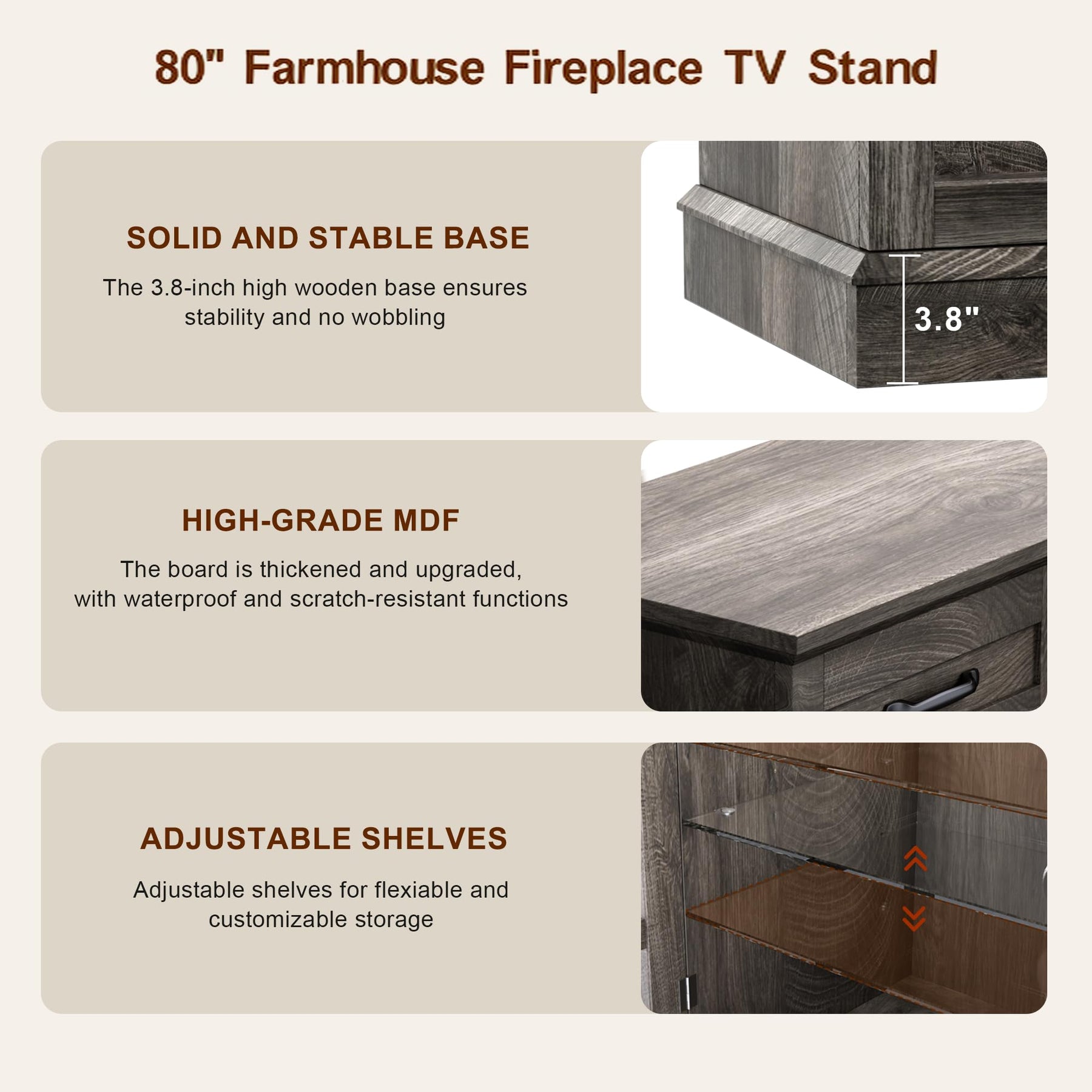 MXV 70" Fireplace TV Stand, 3-Sided Glass Fireplace and Modern Entertainment Center, Wooden Media Console with Glass Doors & Storage Drawers, LED Light, for Living Room, Antique White