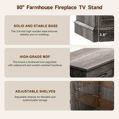 MXV 70" Fireplace TV Stand, 3-Sided Glass Fireplace and Modern Entertainment Center, Wooden Media Console with Glass Doors & Storage Drawers, LED Light, for Living Room, Antique White