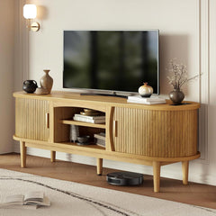 Decofy Mid Century TV Stand for TVs up to 80 Inches, Entertainment Center with Storage, Power Outlet, Fluted Sliding Doors & Adjustable Shelves, Modern Media TV Console Table for Living Room (Walnut)