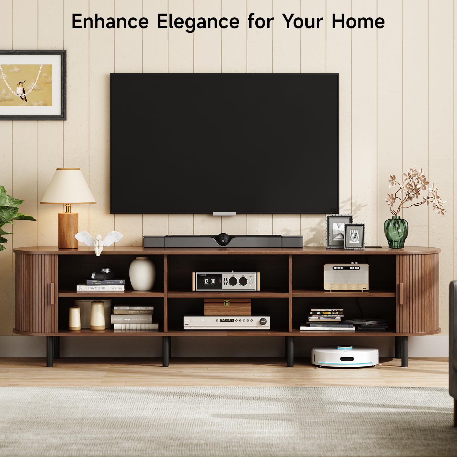 ONBRILL 70.8" TV Stand with Power Outlet for TVs up to 75 Inch, Entertainment Center with Storage and Adjustable Shelves, Modern Media Console with Sliding Doors for Living Room, Walnut