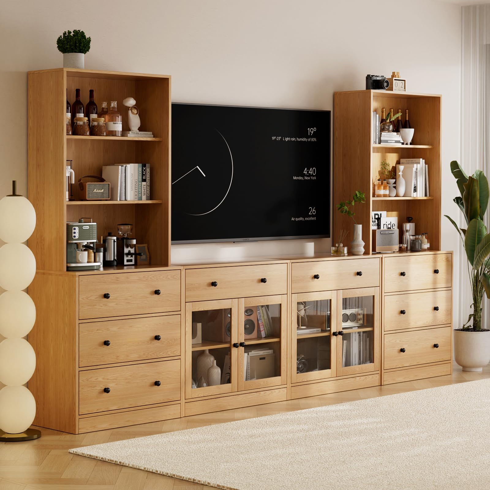 TUSY 71" Large TV Stand Set - TV Entertainment Center for TVs up to 65", Media Center with Tempered Glass Doors and Drawer, TV Hutch with Bookshelves for Living Room (White, BDDB)