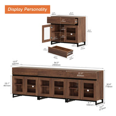 WAMPAT Modern TV Stand with Glass Doors for 80-120 inch TVs, 4 in 1 Entertainment Center Console with 4 Drawers and Metal Base for Living Room, Bedroom, Brown