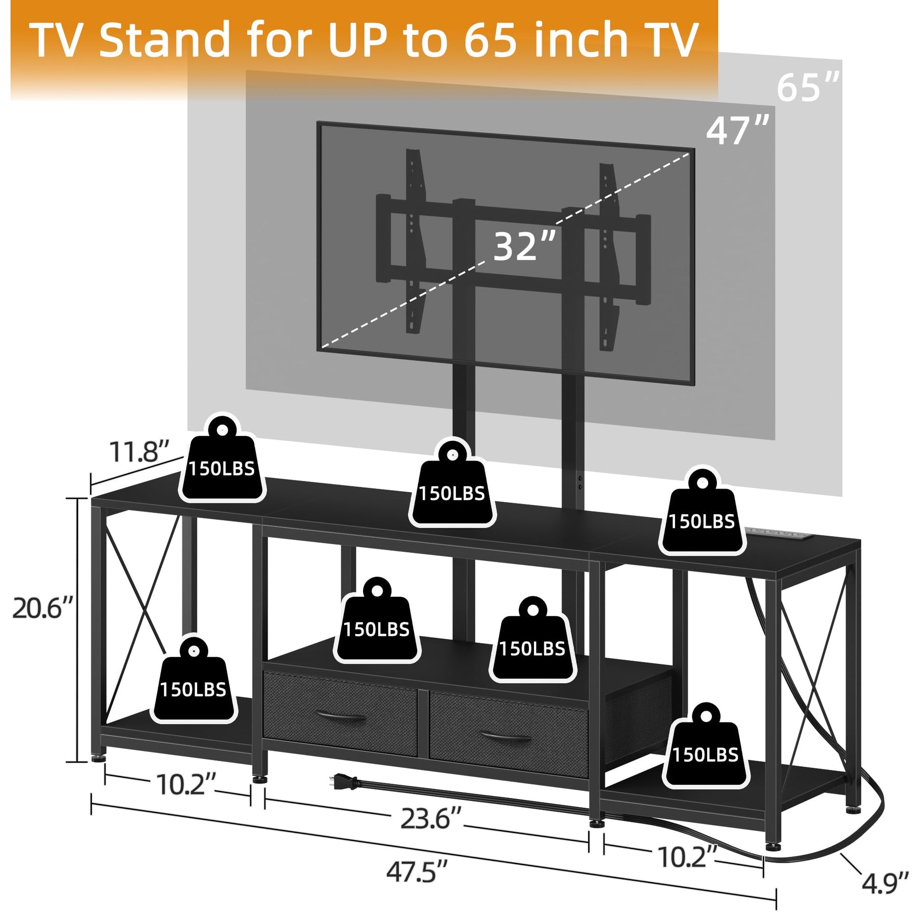 GYIIYUO LED TV Stand with Mount and Power Outlet & Fabric Drawers for 32-85 Inches TV - Entertainment Center and Corner Tv Stand for Living Room, Bedroom- 47" Rustic Brown (Max VESA 600mm × 400mm