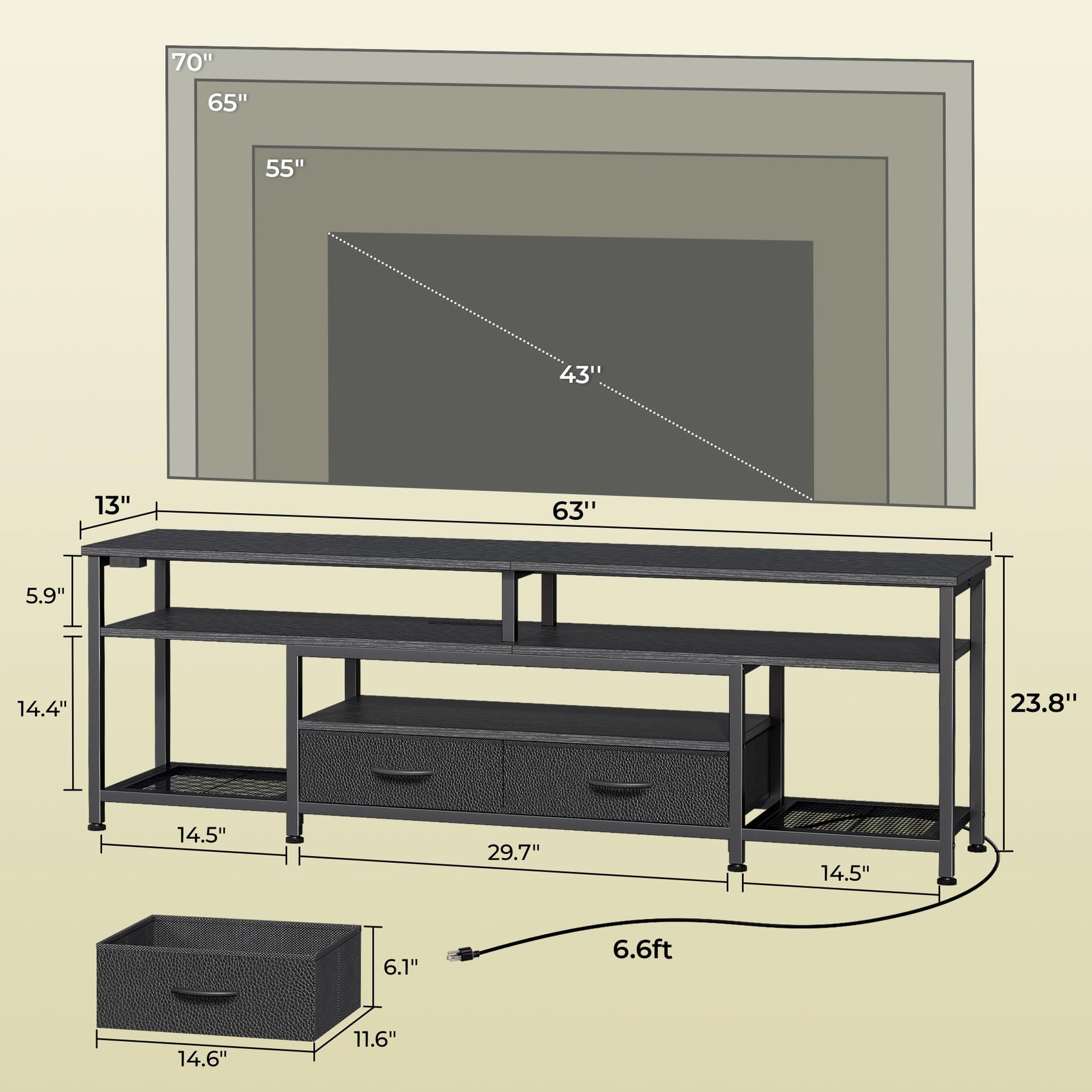 Huuger 63 Inch LED TV Stand for 65 70 Inch TV, Entertainment Center with Open Shelves and Power Outlets, TV Console for Living Room, Media Console with Drawers, Black