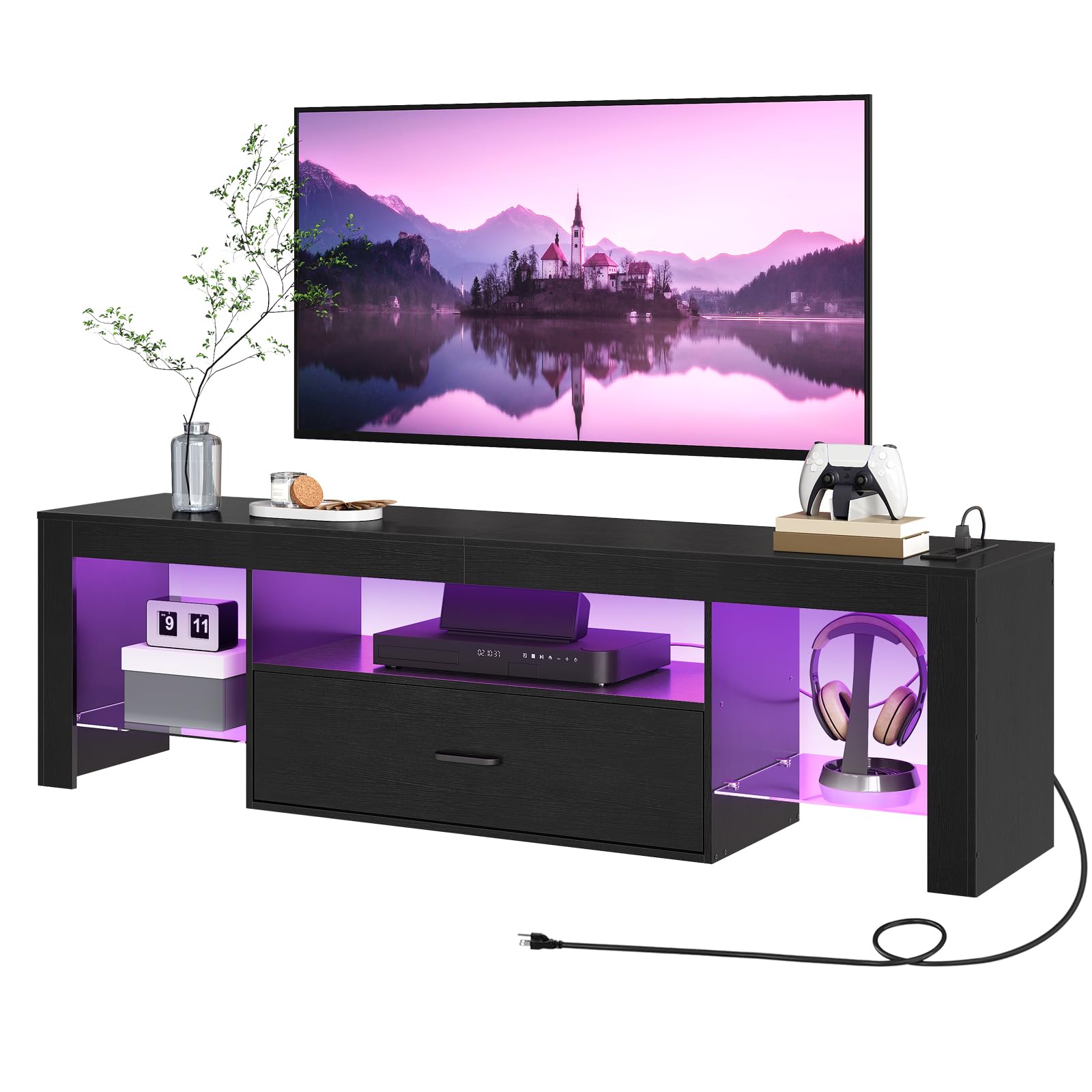 HOOBRO LED TV Stand with Power Outlets to 65 inch TV, Gaming Entertainment Center with Glass Shelves and Large Drawer, Modern Media TV Console Table for Living Room Bedroom, Black BB14UDDS01G1