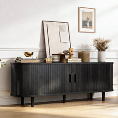 OneBlis 70" Mid Century Modern TV Stand, Wood TV Consoles with Sliding Doors and Power Outlet, Entertainment Center with Adjustable Shelves, Fluted TV Stands for Living Room, Walnut