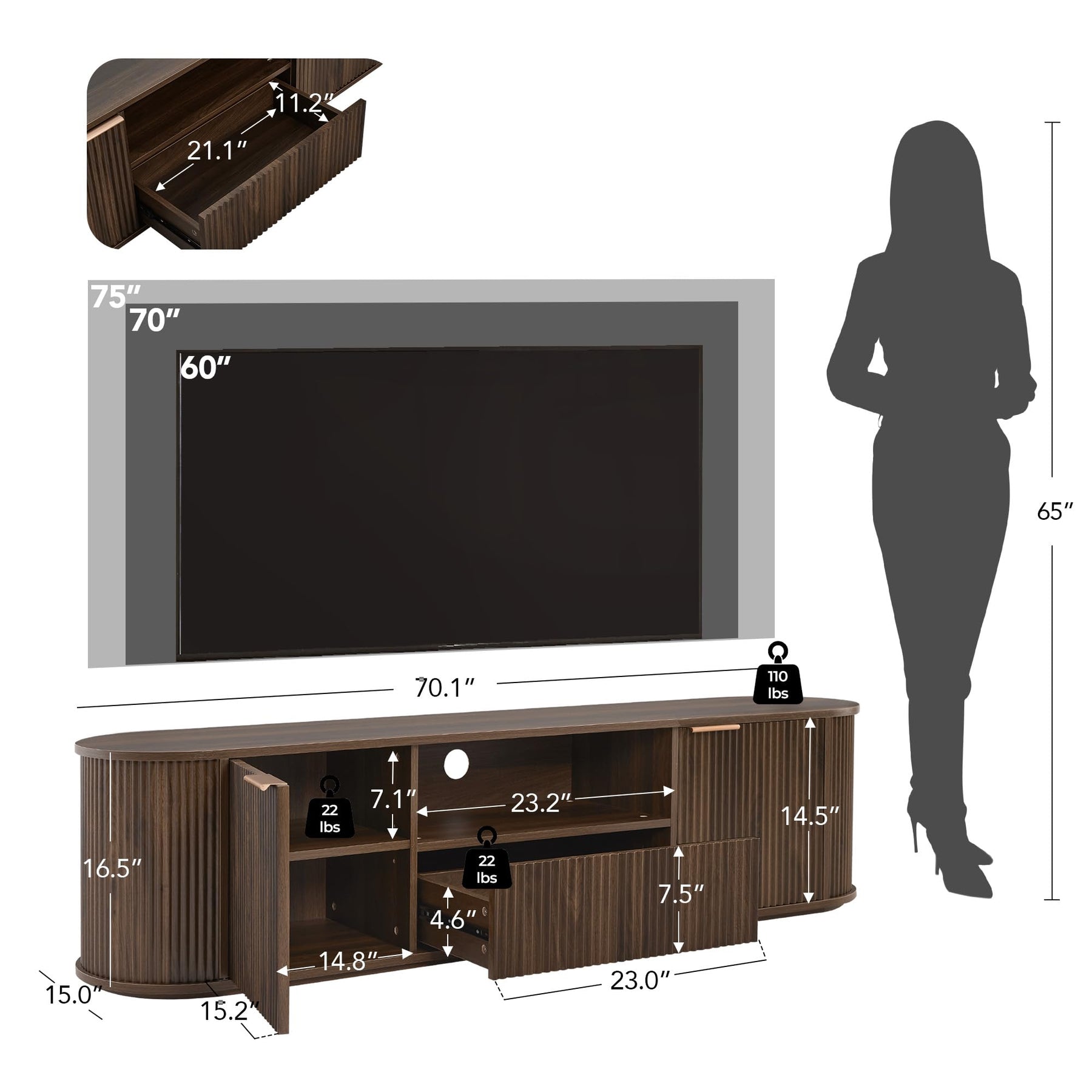 CHITA 70" Fluted TV Stands TV Console with Drawers for TVs Up to 80",Walnut