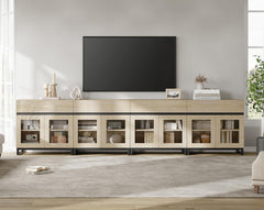 WAMPAT Modern TV Stand with Glass Doors for 80-120 inch TVs, 4 in 1 Entertainment Center Console with 4 Drawers and Metal Base for Living Room, Bedroom, Brown