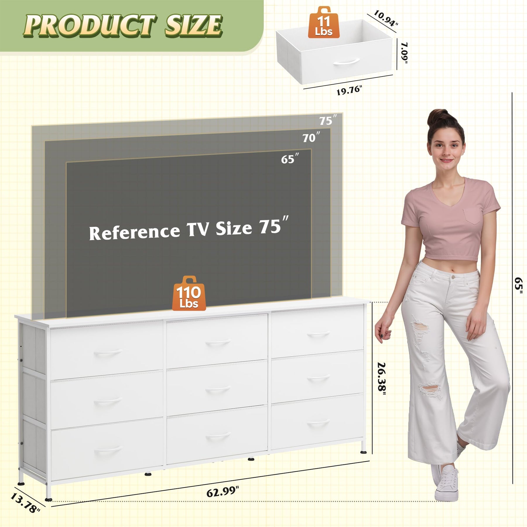 WLIVE Dresser TV Stand for 75 Inch TV, 9 Drawer Dresser for Bedroom, Black