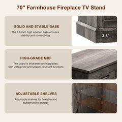 MXV 70" Fireplace TV Stand, 3-Sided Glass Fireplace and Modern Entertainment Center, Wooden Media Console with Glass Doors & Storage Drawers, LED Light, for Living Room, Antique White