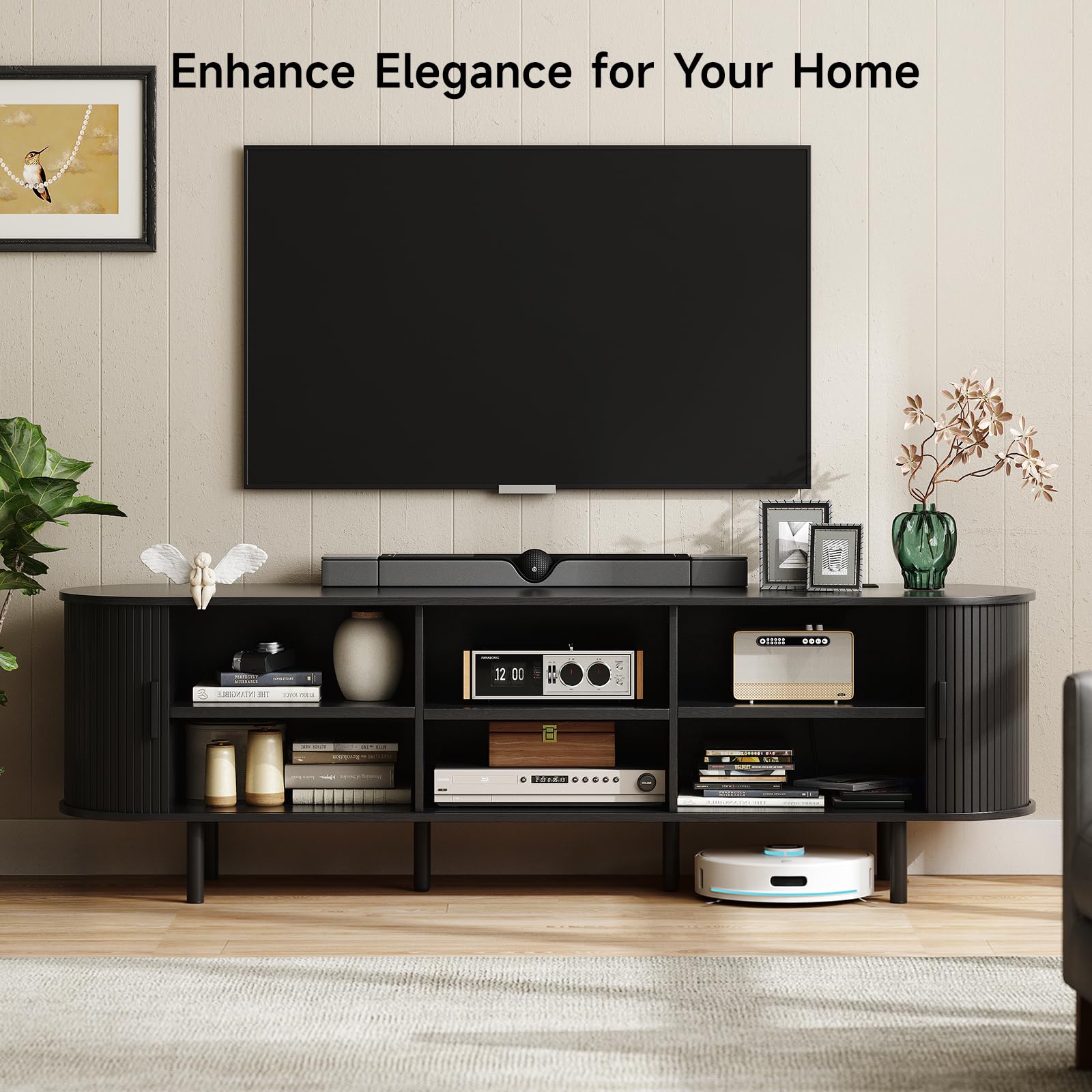 ONBRILL 70.8" TV Stand with Power Outlet for TVs up to 75 Inch, Entertainment Center with Storage and Adjustable Shelves, Modern Media Console with Sliding Doors for Living Room, Walnut