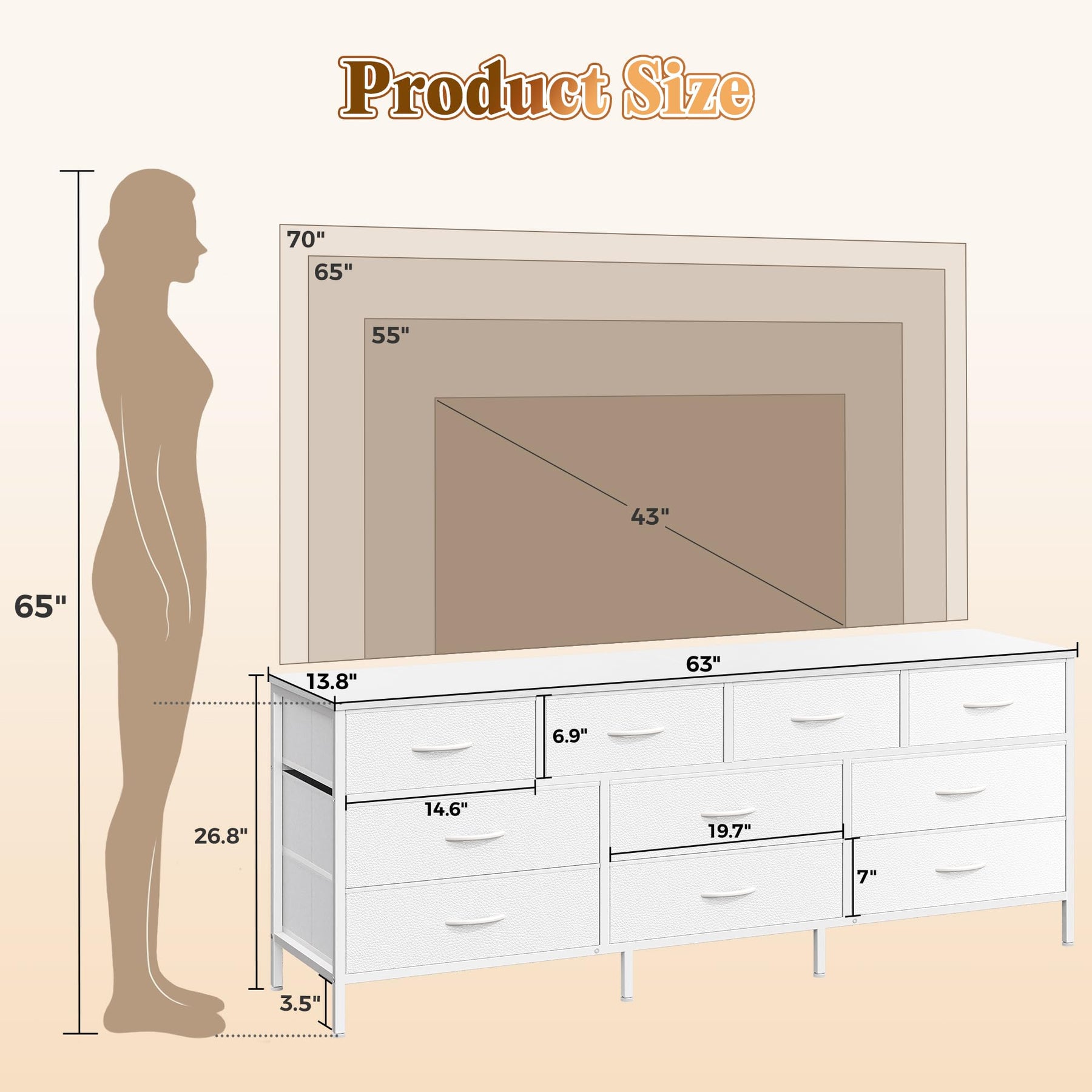 Huuger 63 Inch Dresser for Bedroom, Long Dresser with 10 Fabric Drawers, TV Stand for 55, 65, 70 Inch TV, Toy Storage Organizer for Closet, Rustic Brown
