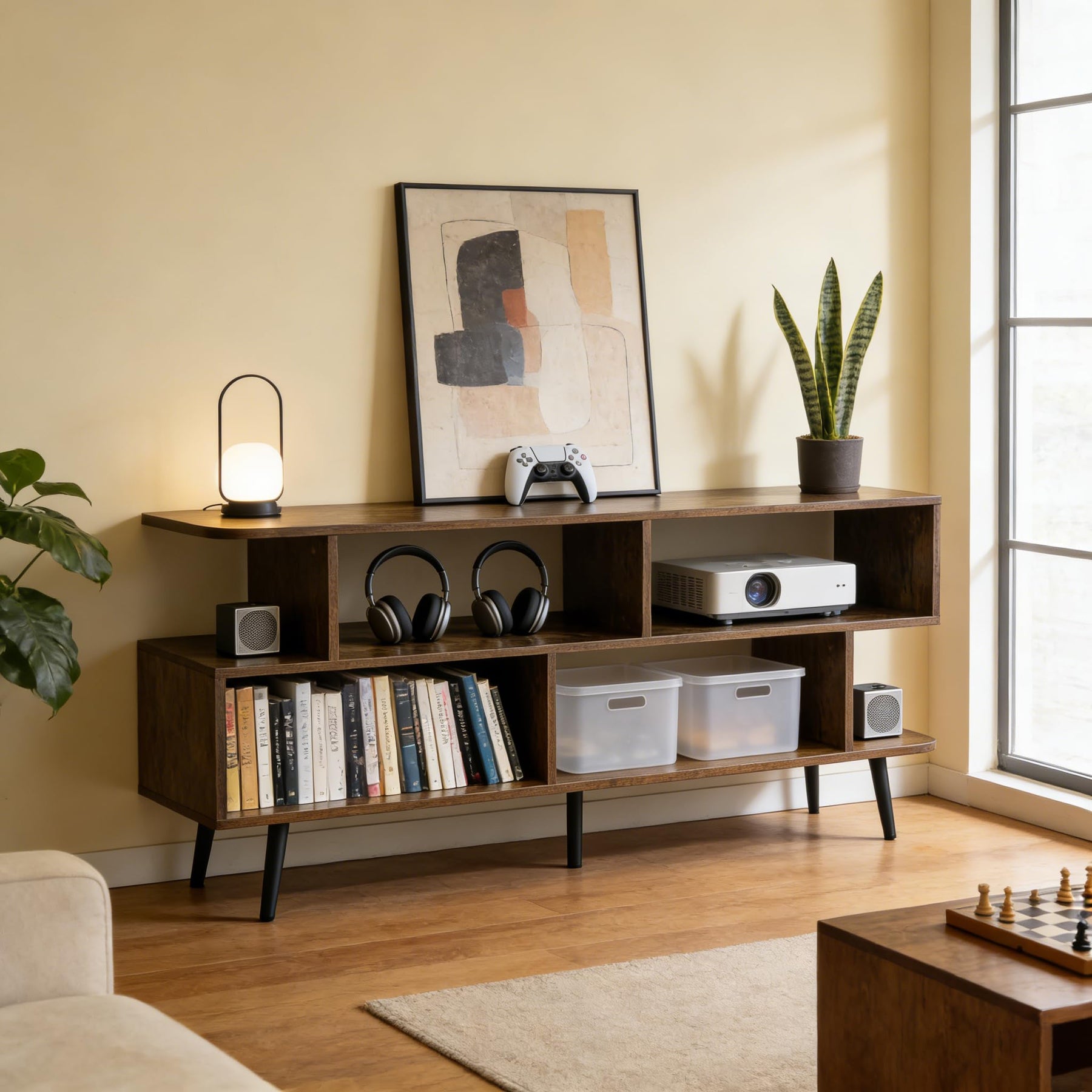 ACOHOOK Walnut 60" Mid-Century TV Stand with Storage Open Shelf