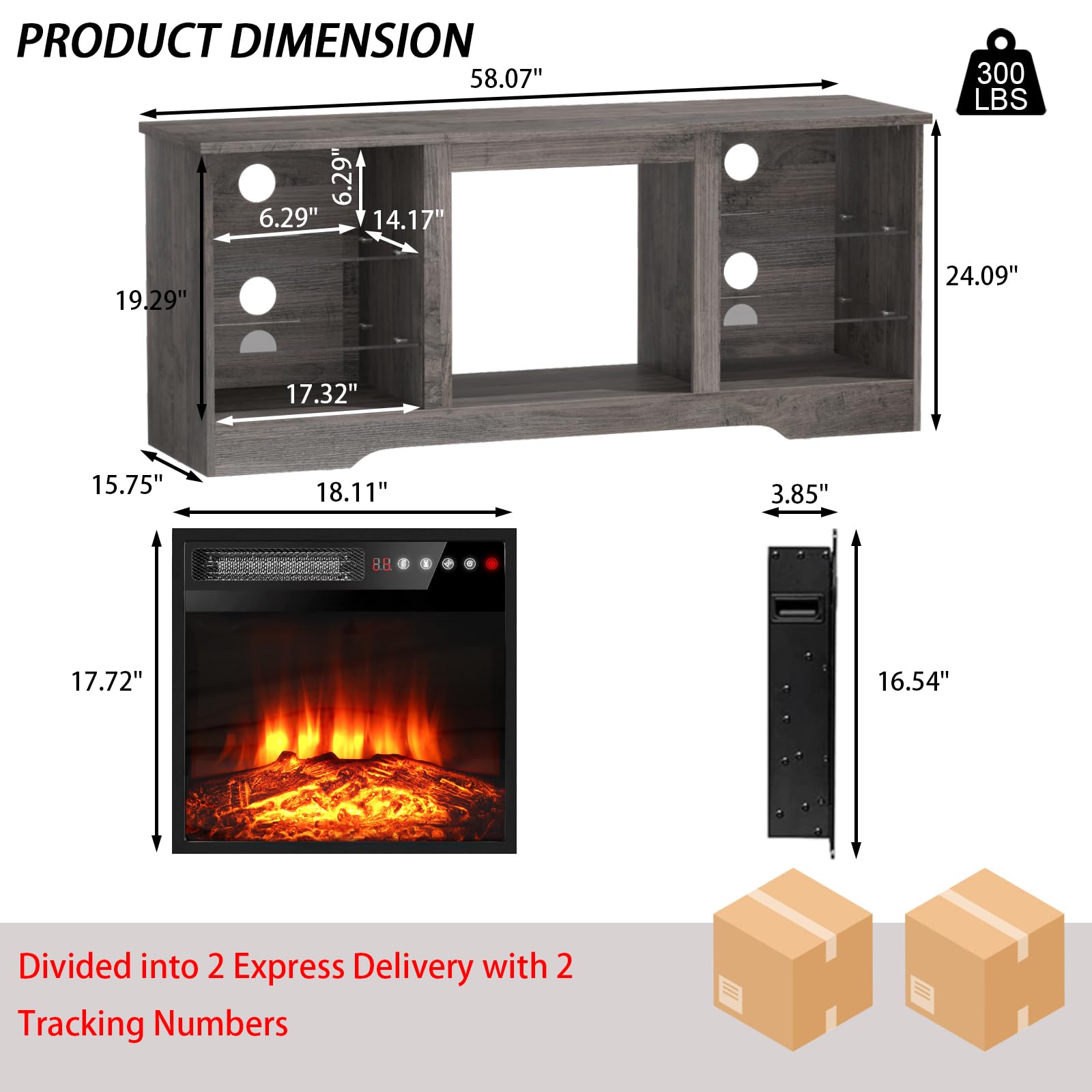 PRETZI Fireplace TV Stand with 36" Fireplace Up to 80" TVs for Living Room