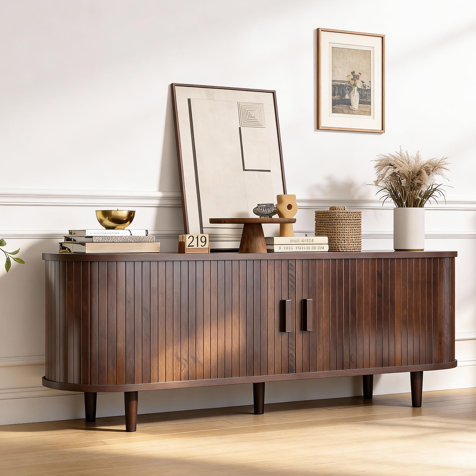 OneBlis 70" Mid Century Modern TV Stand, Wood TV Consoles with Sliding Doors and Power Outlet, Entertainment Center with Adjustable Shelves, Fluted TV Stands for Living Room, Walnut