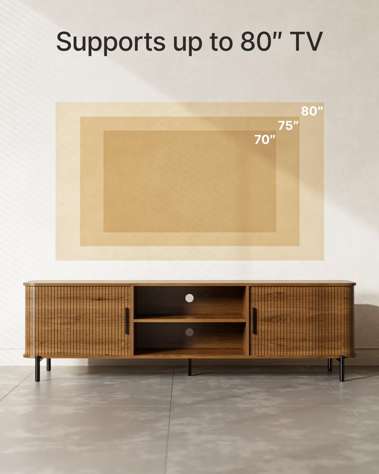 SUNCOZE 70" Mid-Century Fluted TV Stand with Storage up to 80 Inch, Walnut