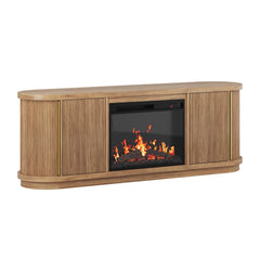 BELLEZE 67" Fluted TV Stand with Electric Fireplace Heater w/Sound, Curved Entertainment Center with Sliding Tambour Doors, Media Console Table for TV up to 75" for Living Room (Camel)
