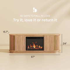 BELLEZE 67" Fluted TV Stand with Electric Fireplace Heater w/Sound, Curved Entertainment Center with Sliding Tambour Doors, Media Console Table for TV up to 75" for Living Room (Camel)