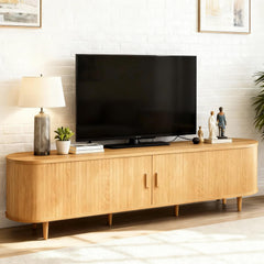 OneBlis 70" Mid Century Modern TV Stand, Wood TV Consoles with Sliding Doors and Power Outlet, Entertainment Center with Adjustable Shelves, Fluted TV Stands for Living Room, Walnut