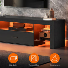 HOOBRO LED TV Stand with Power Outlets to 65 inch TV, Gaming Entertainment Center with Glass Shelves and Large Drawer, Modern Media TV Console Table for Living Room Bedroom, Black BB14UDDS01G1