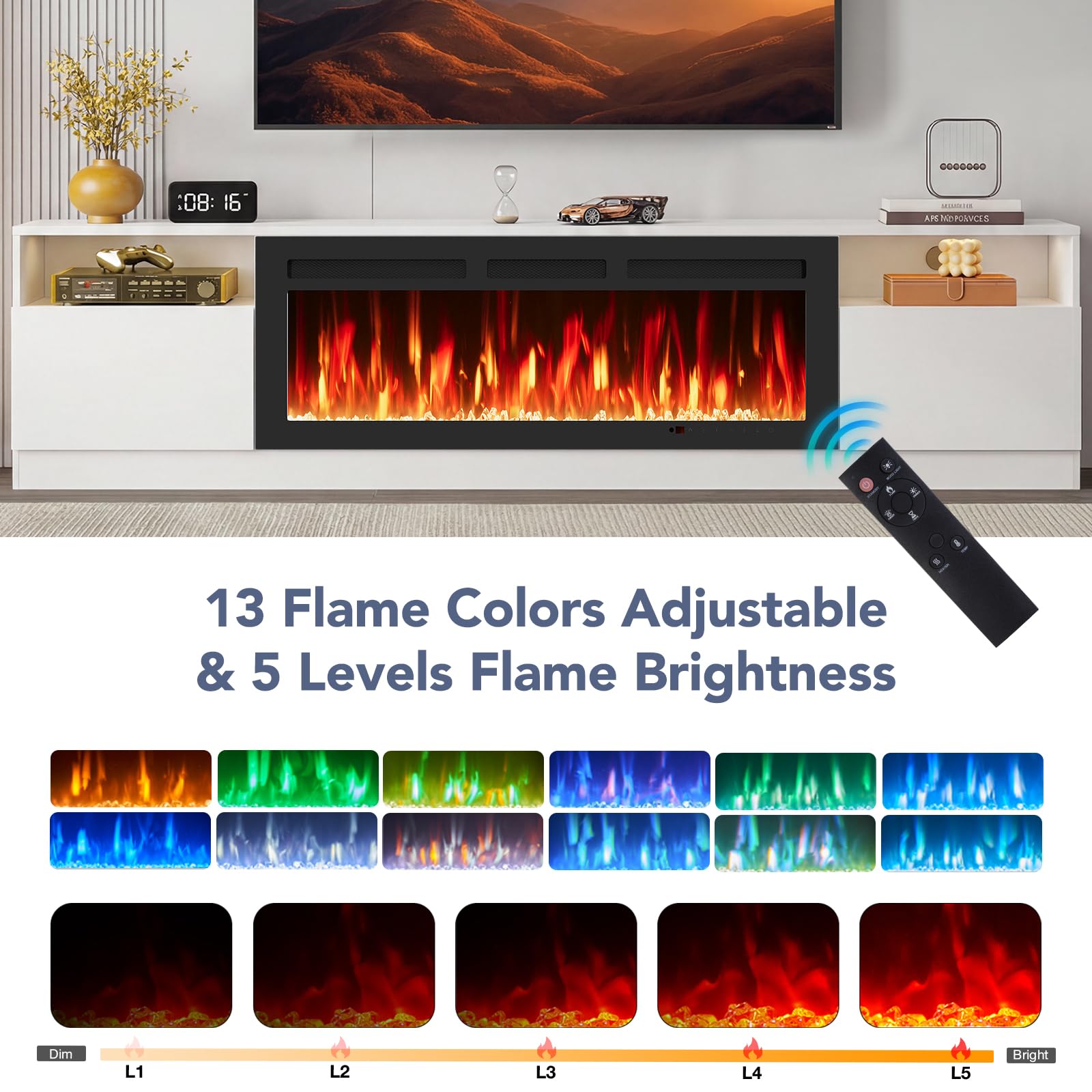 oneinmil Fireplace TV Stand with 36" Electric Fireplace, LED Light Entertainment Center, Modern Wood Texture Entertainment Stand with Highlight Storage Cabinet for TVs Up to 80", 70 inches, Black