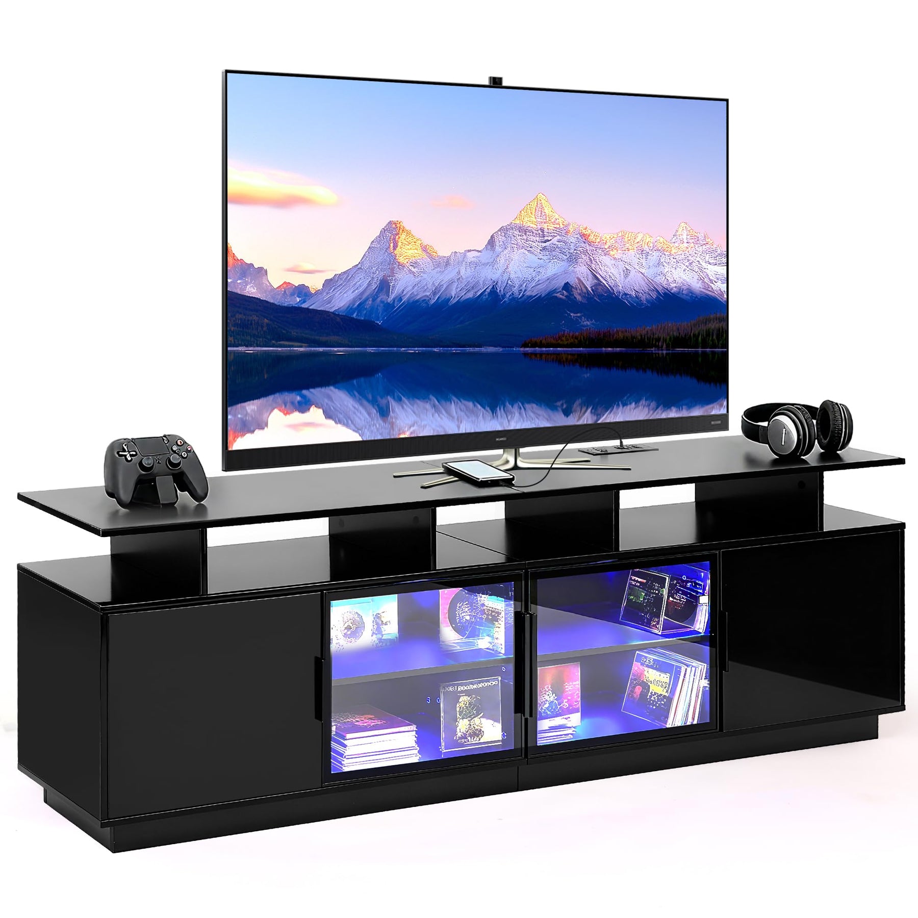 ansefe 70 Inch Black TV Stand for Living Room, LED Entertainment Center for Gaming, Modern TV Cabinet Console, Transparent Glass Door Storage Cabinet